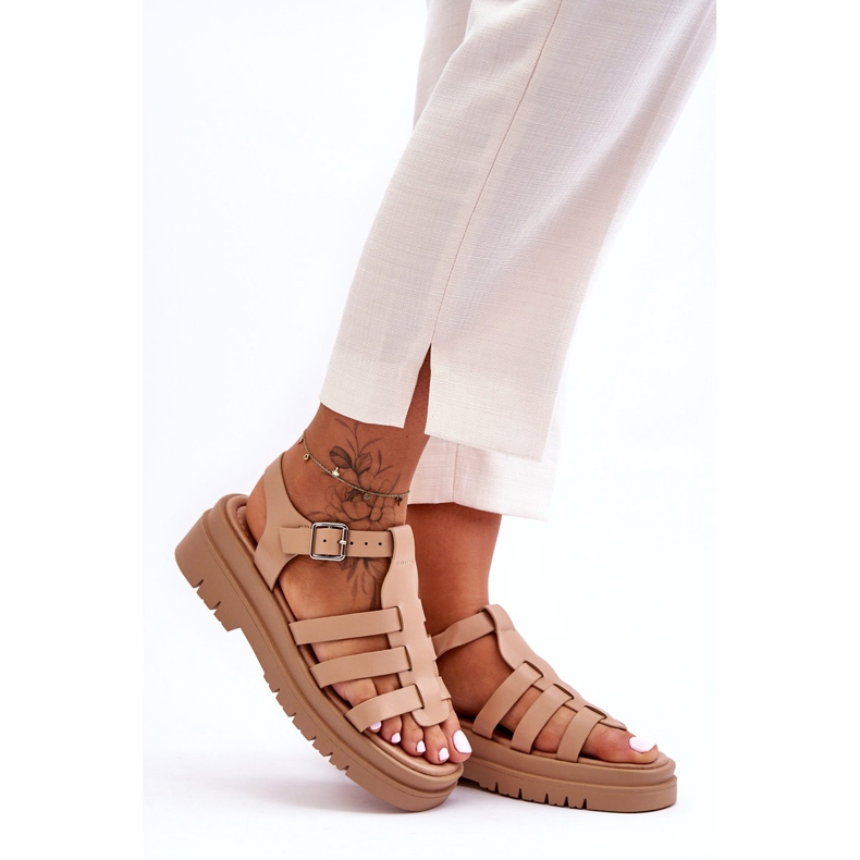 STEPHAN Sandalias Planas De Piel Con Rayas Diosa Beige 3
