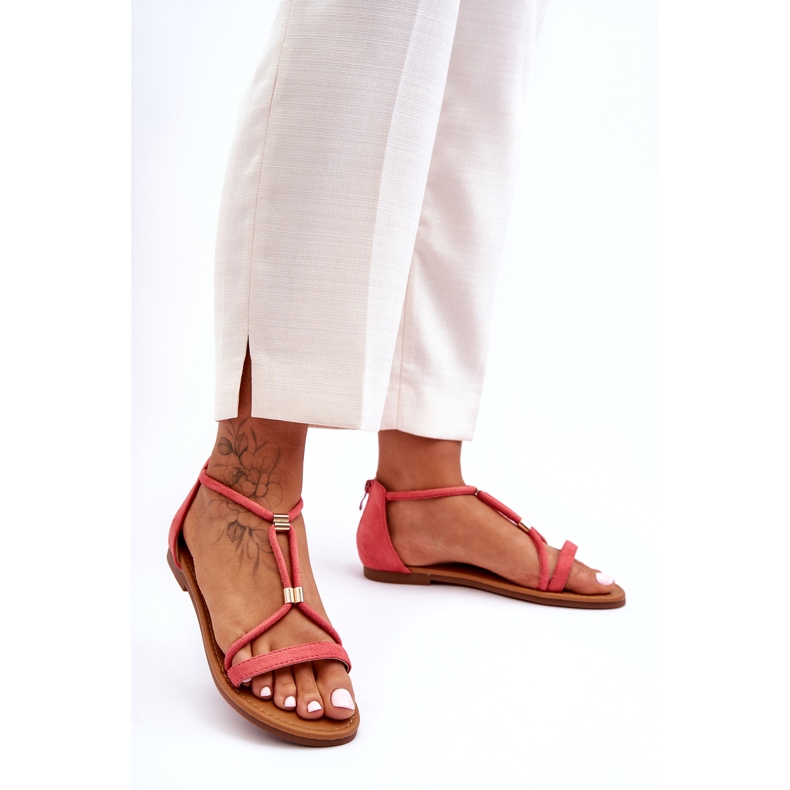 C'M Paris Sandalias planas de mujer Coral Coral con cremallera rojo 4