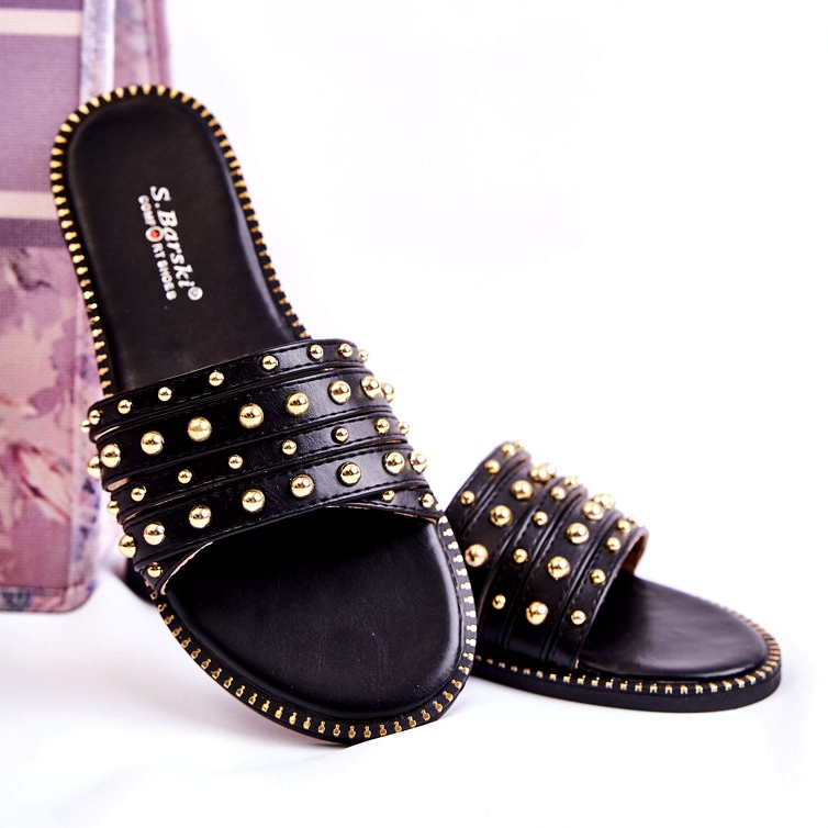 S.Barski Babuchas De Mujer De Piel Con Adorno Negro 2