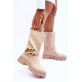 Botas Tacón Plano De Piel Beige Diominna 3