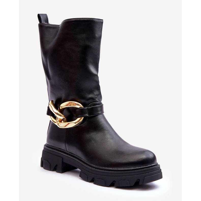 Botas Tacón Plano De Piel Negro Diominna 1