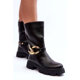 Botas Tacón Plano De Piel Negro Diominna 5