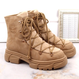 Botas de mujer en la plataforma con cordones de piel beige Big Star MM274573 5