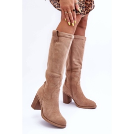Botas de tacón alto de ante para mujer Beige Khabira 3