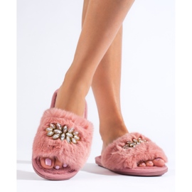 Pantuflas rosas con pelo y cristales de Shelovet rosado 2