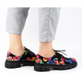 ARS Zapatos de mujer de piel con suela gruesa con flores 1163 negro 5