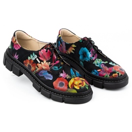 ARS Zapatos de mujer de piel con suela gruesa con flores 1163 negro 3