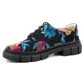 ARS Zapatos de mujer de piel con suela gruesa con flores 1163 negro 7