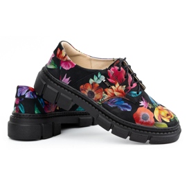 ARS Zapatos de mujer de piel con suela gruesa con flores 1163 negro 10