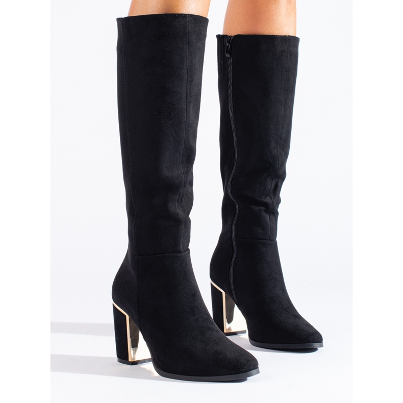 Botas Shelovet de tacón alto de ante elegante negro 1