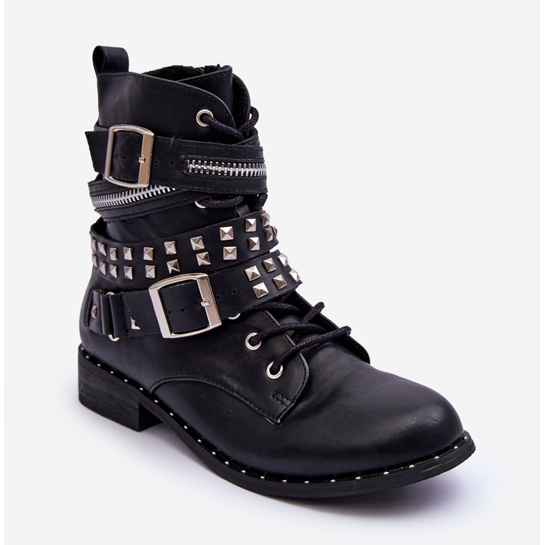 LU BOO Botines Infantiles Con Tachuelas, Cremallera y Hebillas, Negro 1