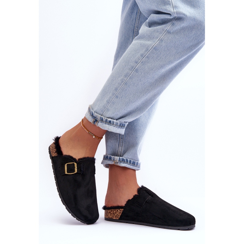 FB2 Chanclas de mujer de ante con pelo negro Haidamia 2