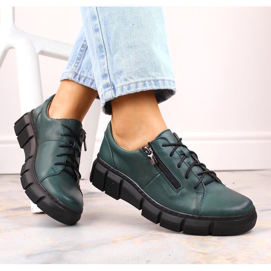 Zapatos mujer cómodos de piel con plataforma, verde Helios 413.56 - KeeShoes