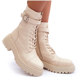 Botines Obrero De Piel Con Tacón Plano Y Hebilla Beige Claro Samivlo 8