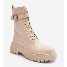 Botines Obrero De Piel Con Tacón Plano Y Hebilla Beige Claro Samivlo 1