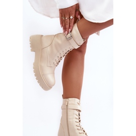 Botines Obrero De Piel Con Tacón Plano Y Hebilla Beige Claro Samivlo 7