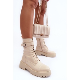 Botines Obrero De Piel Con Tacón Plano Y Hebilla Beige Claro Samivlo 5
