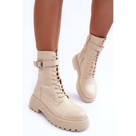 Botines Obrero De Piel Con Tacón Plano Y Hebilla Beige Claro Samivlo 6