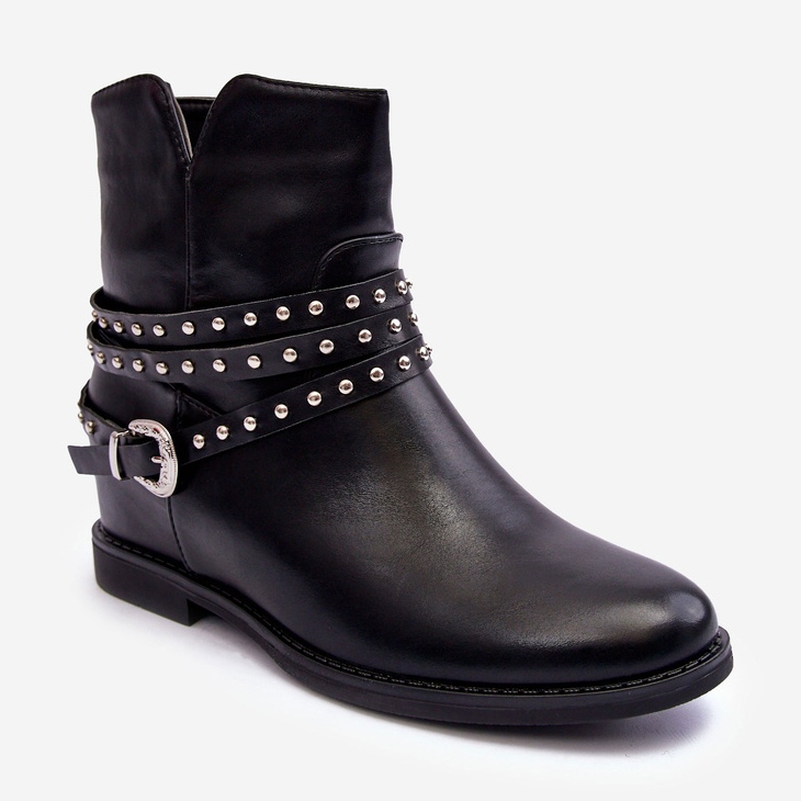 Botas planas de mujer de piel decoradas negras de Adkrana negro 1