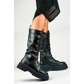 Botas hasta la rodilla con cordones para mujer hechas de cuero ecológico negro 3