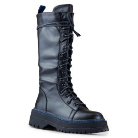 Botas hasta la rodilla con cordones para mujer hechas de cuero ecológico negro 5