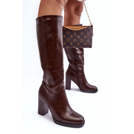 PS1 Botas elegantes de piel por encima de la rodilla con tacón alto, marrón, Felsha 3