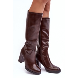 PS1 Botas elegantes de piel por encima de la rodilla con tacón alto, marrón, Felsha 1