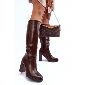 PS1 Botas elegantes de piel por encima de la rodilla con tacón alto, marrón, Felsha 2