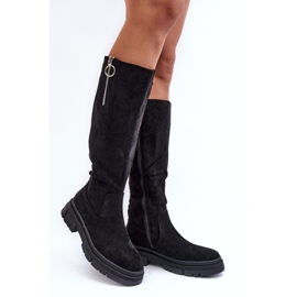 Vinceza Botas de ante con tacón plano y plataforma, Negro Nesina 1