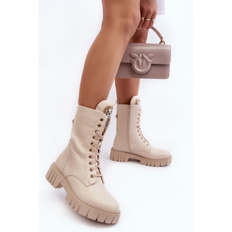 PS1 Botines de trabajador de cuero Marx beige con decoración de joyas 1 PS1 Botines de trabajador de cuero Marx beige con decoración de joyas 1