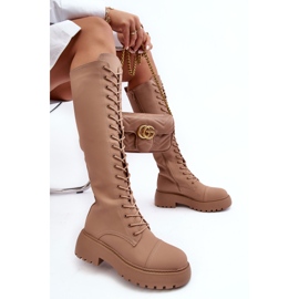PS1 Botas cálidas por encima de la rodilla con cordones, beige oscuro, Bergdis 7
