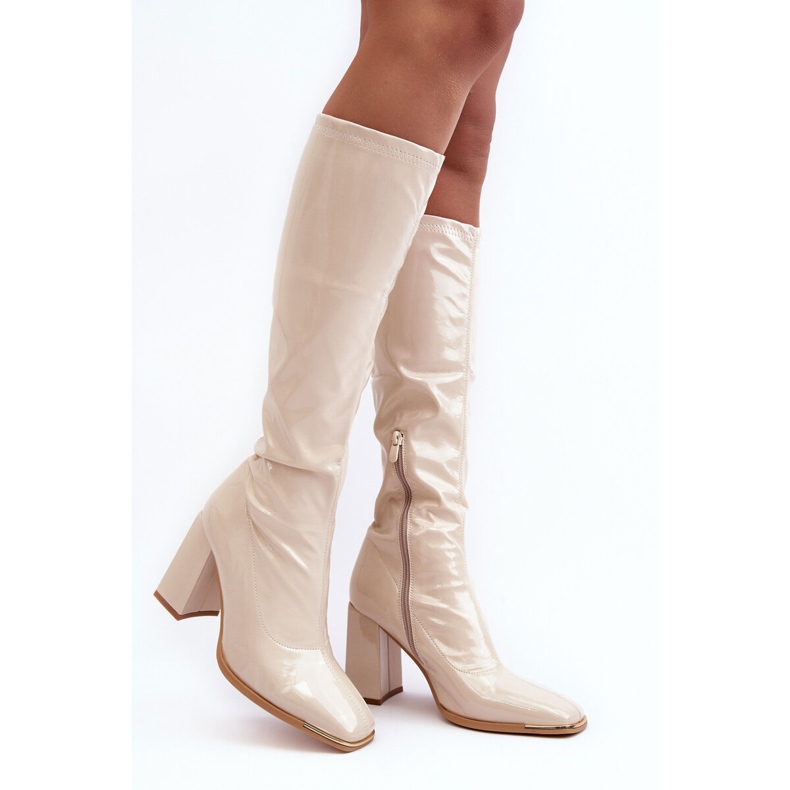 PS1 Botas de charol con tacón alto por encima de la rodilla, Beige Mlokva 1 PS1 Botas de charol con tacón alto por encima de la rodilla, Beige Mlokva 1