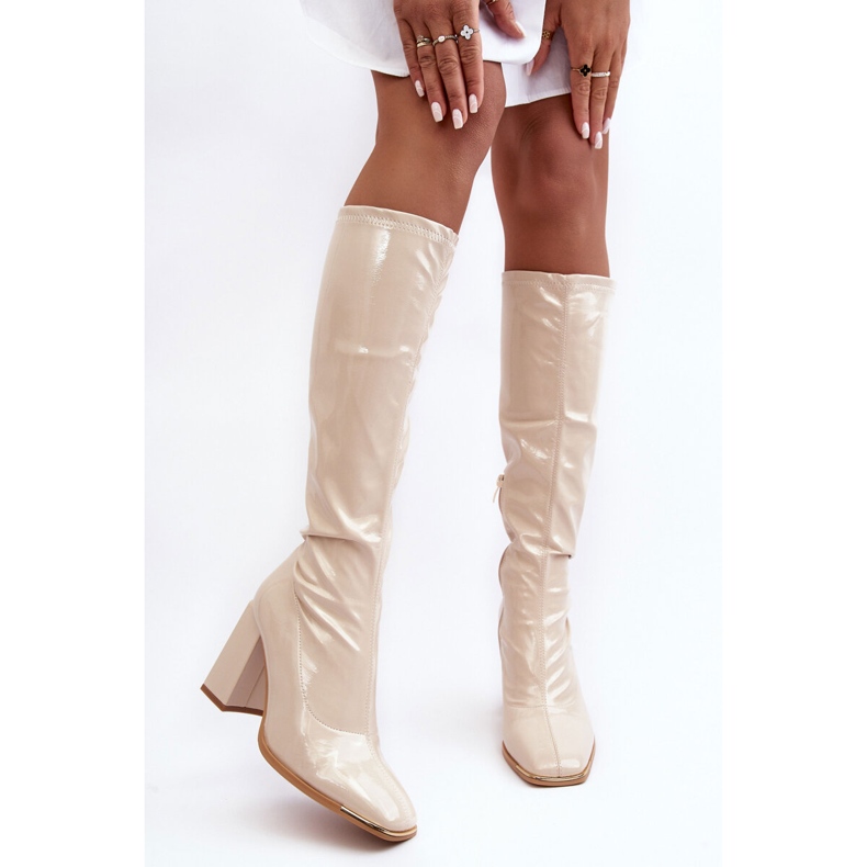 PS1 Botas de charol con tacón alto por encima de la rodilla, Beige Mlokva 2 PS1 Botas de charol con tacón alto por encima de la rodilla, Beige Mlokva 2