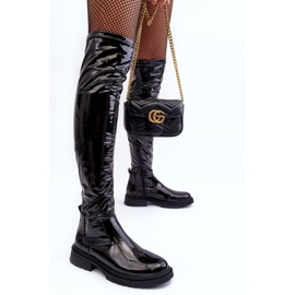 PS1 Botas por encima de la rodilla de charol con tacón plano, Rilema negro 4