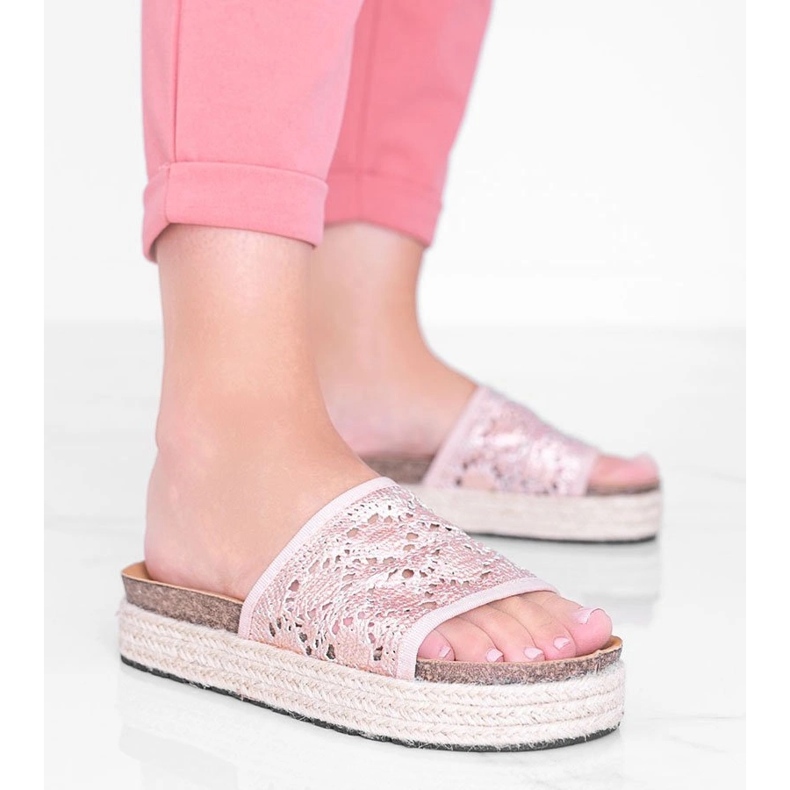 Pantuflas de encaje con forma glam de oro rosa rosado 1