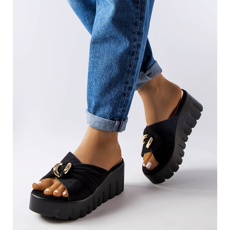 Goodin Zapatillas de casa de mujer Laura negras con cuña negro 1