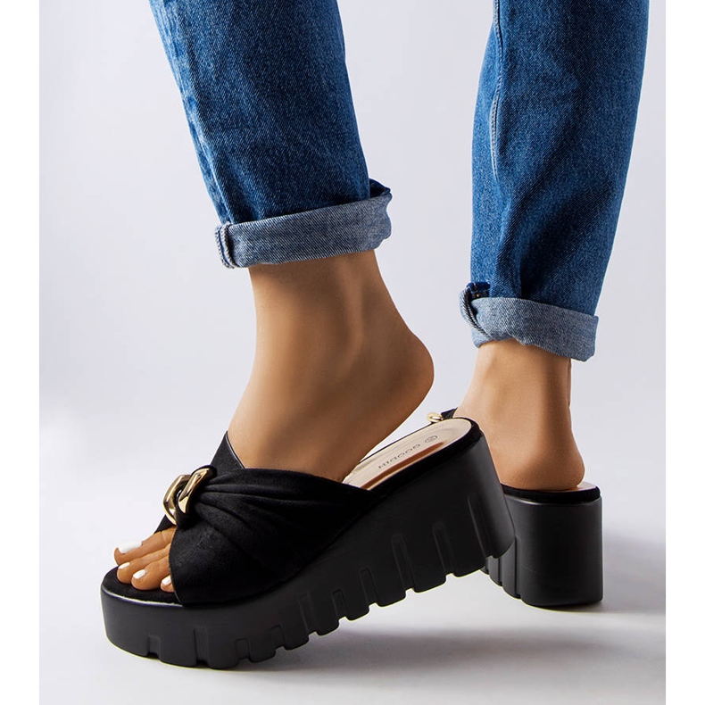 Goodin Zapatillas de casa de mujer Laura negras con cuña negro 2