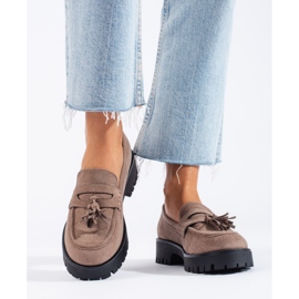 Mocasines Shelovet de ante beige oscuro con flecos 2