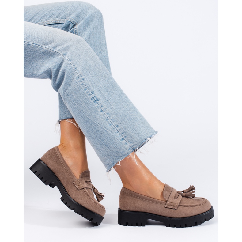 Mocasines Shelovet de ante beige oscuro con flecos 1