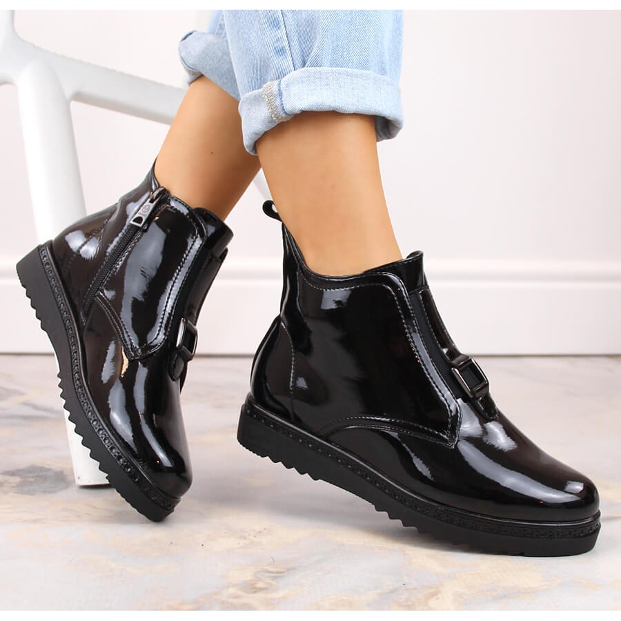 Charol Botines Negras Mujer Planas Botas Aislantes Planas Charol