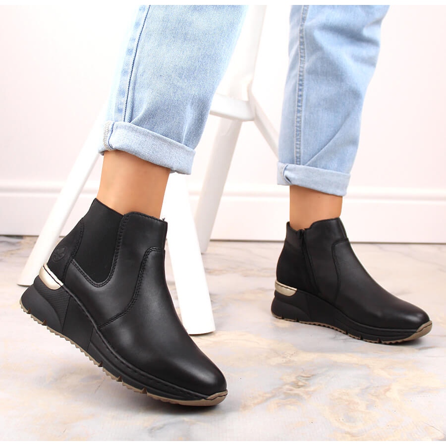 Botas de piel, zapatillas deportivas con cuña negras para mujer, Rieker  negro - KeeShoes