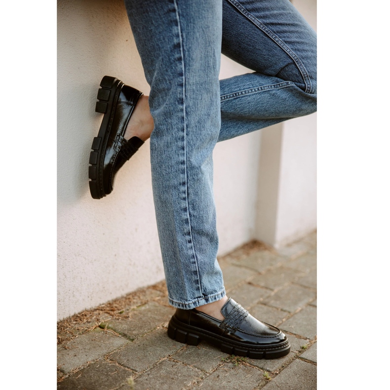 WASAK Zapatos sin cordones para mujer de piel 0706, negro, con suela gruesa 1