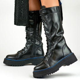 Botas hasta la rodilla con cordones para mujer hechas de cuero ecológico negro 6