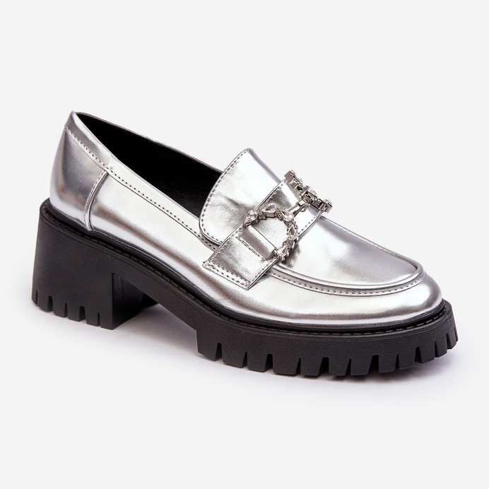 Zapatos de piel para mujer con tacones altos gruesos, plateado Lemmitty plata 1