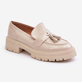 Zapatos Mocasines Charol Con Flecos, Beige Claro Velenase 1