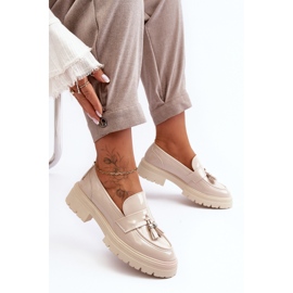 Zapatos Mocasines Charol Con Flecos, Beige Claro Velenase 6