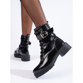 Botas obreras de mujer lacadas con hebilla decorativa negro 3