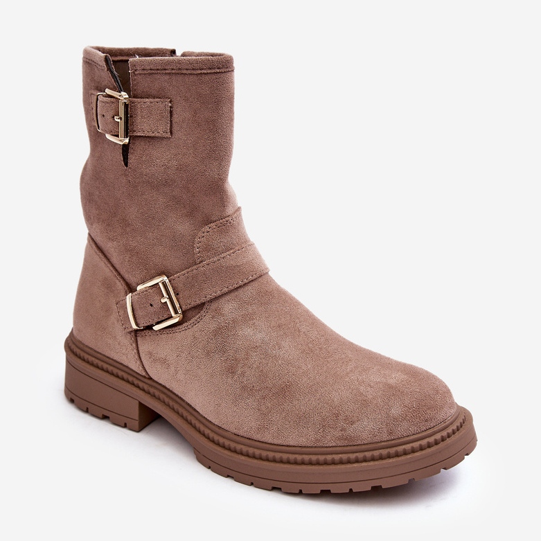 Botas planas de mujer con hebillas, beige oscuro Bliggore 1 Botas planas de mujer con hebillas, beige oscuro Bliggore 1