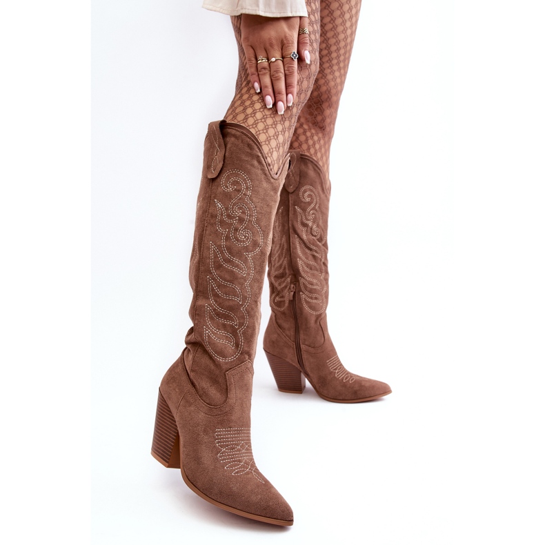 WS1 Botas Cowboy de Mujer con Tacón Alto, Beige Oscuro Tomani 1