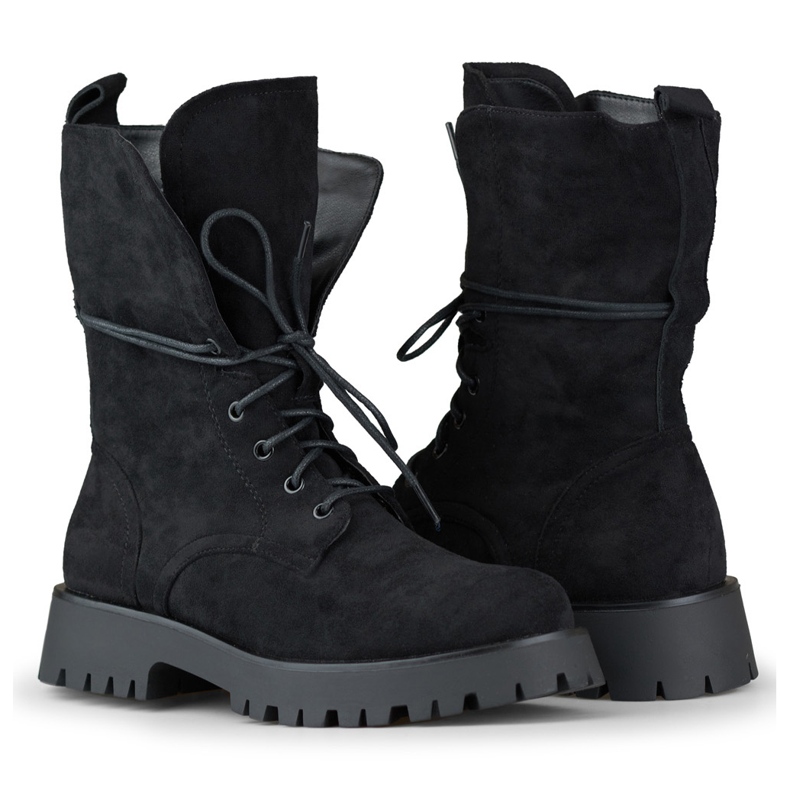 Botas trabajadoras con cordones para mujer en ante negro beige 1 Botas trabajadoras con cordones para mujer en ante negro beige 1
